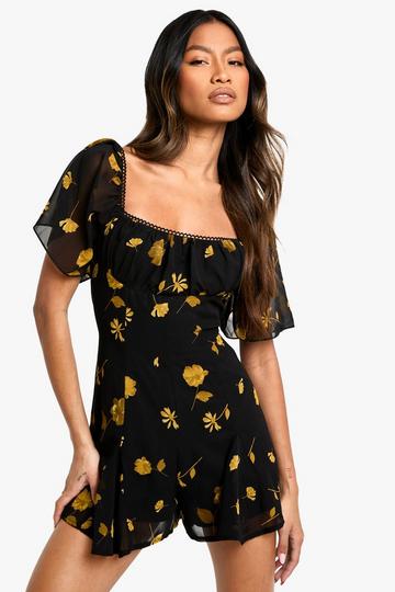 Floral Printed Milkmaid Godet Hem Playsuit black