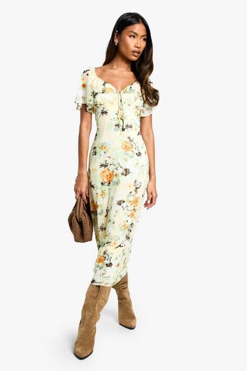 Floral Angel Sleeve Midaxi Dress lemon