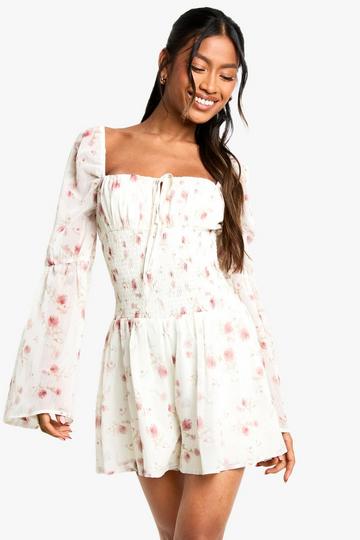 Floral Shirred Chiffon Playsuit ivory