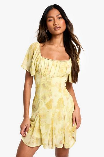 Lemon Yellow Floral Milkmaid Godet Hem Mini Dress