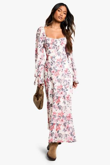 Floral Milkmaid Godet Hem Midaxi Dress ivory