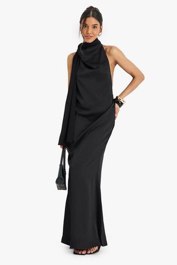 Black Satin Maxi Dress With Chiffon Scarf