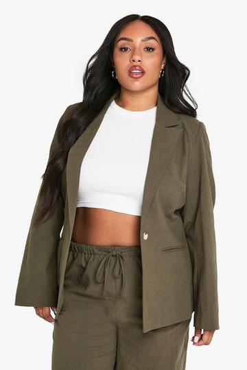 Plus Textured Linen Look Single Breasted Blazer khaki