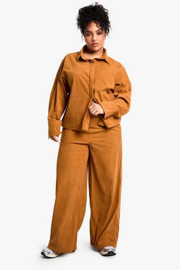 Tan Brown Plus Elasticated Back Cord Wide Leg Trouser