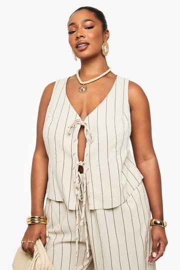 Plus Tie Front Linen Stripe Top cream