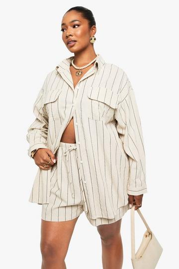 Plus Drawstring Eye Linen Stripe Short cream