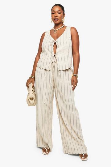 Plus Drawstring Eye Linen Stripe Trouser cream