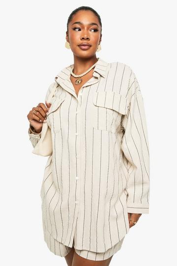 Cream White Plus Oversized Utility Stripe Shirt