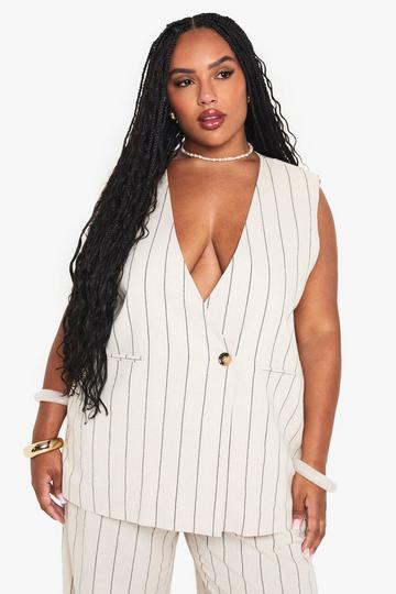 Plus Mouwloze Gestreepte Blazer cream