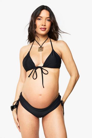 Maternity Tie Front Triangle High Waisted Ruched Side Bikini black
