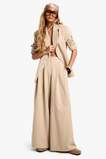 Stone Beige Tailored Pleated Low Rise Wide Leg Trousers