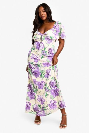 Plus Bloemenprint Maxi Jurk Met Korte Mouwen, Print En Ruches purple