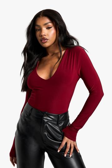 Double layer slinky plunge bodysuit wine