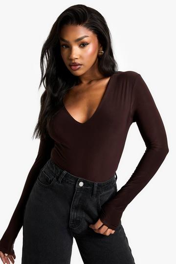 Double layer slinky plunge bodysuit chocolate