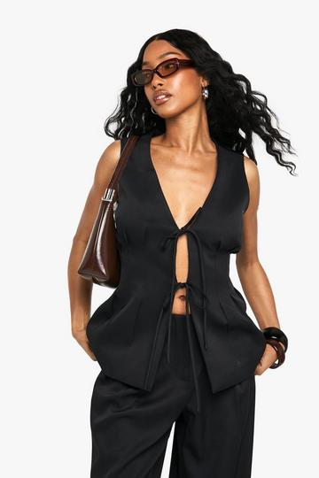 Woven Tie Front Pleated Waistcoat black