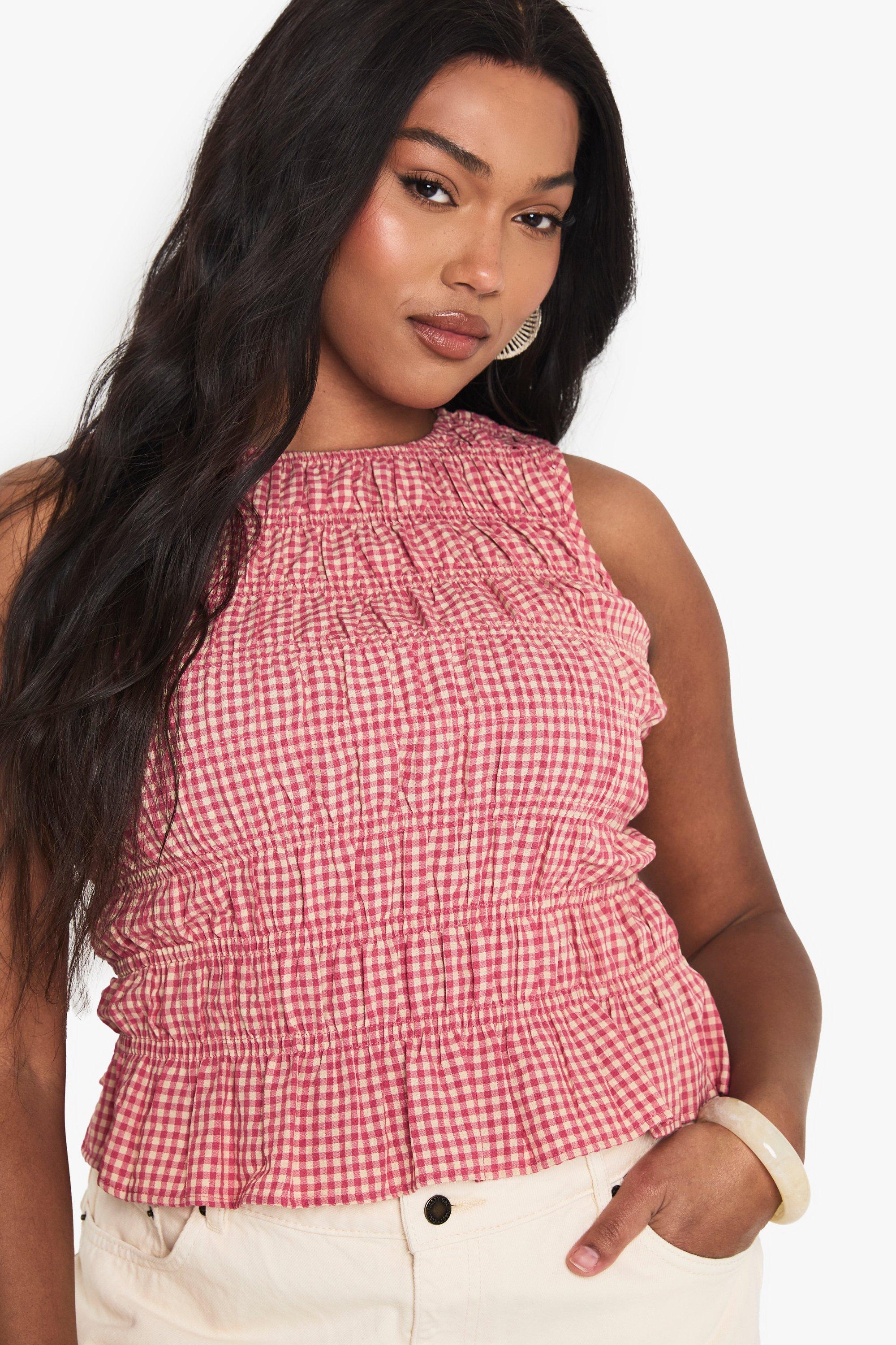 売れ筋商品|||エロクイ カットソー トップス レディース Plus Size Gingham Peplum Top Spring gingham red Unique Bargains Women's Summer Square Neck Gingham Peplum