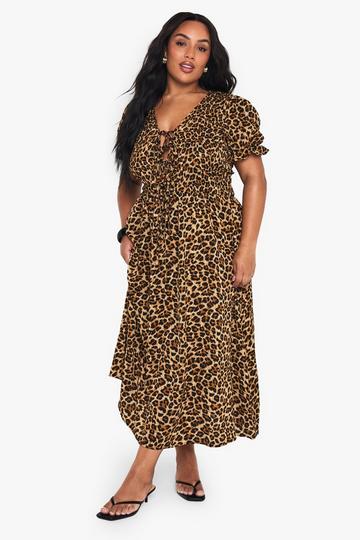 Plus Leopard Shirred Smock Midaxi Dress leopard