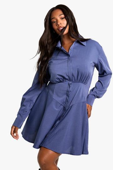 Plus Stripe Corset Detail Shirt Dress navy