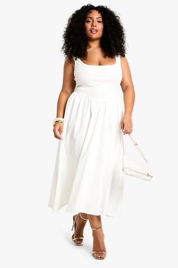 PLUS RIBBED SCOOP NECK MIXED FABRIC SKATER MIDAXI Dress white