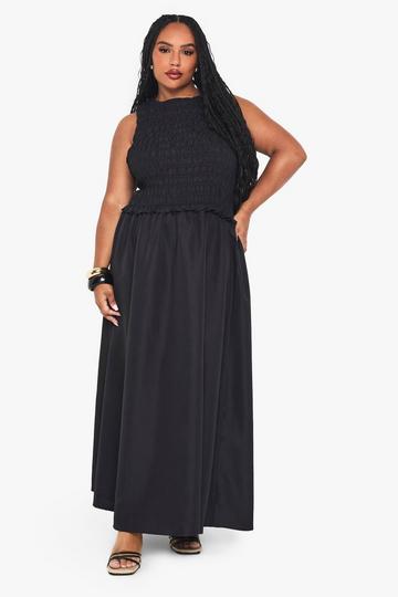 PLUS SHIRRED RACER NECK DROP HEM SMOCK DRESS black
