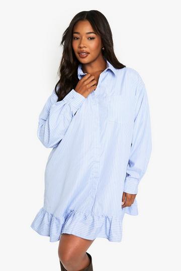 Plus Skater Drop Hem Shirt Dress - Stripe light blue