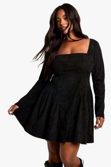 plus cord milkmaid skater dress black