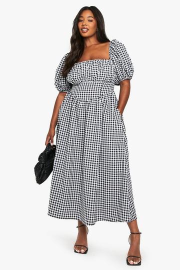 Plus Geplooide Melkmeisjes Jurk Met Pofmouwen En Gingham Mouwen black