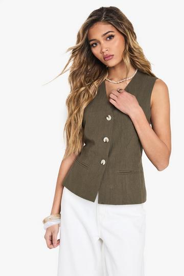 Getailleerde Linnen Look Gilet Met Knopen khaki