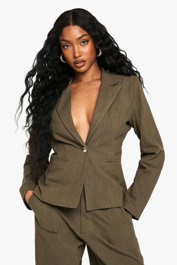 Tailored Linen Look Single Breast Blazer khaki