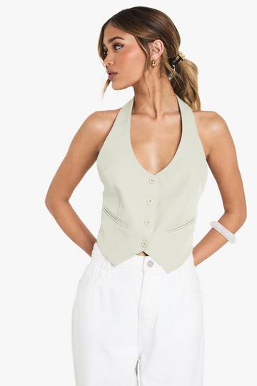 Woven Tailored Halterneck Open Back Waistcoat sage
