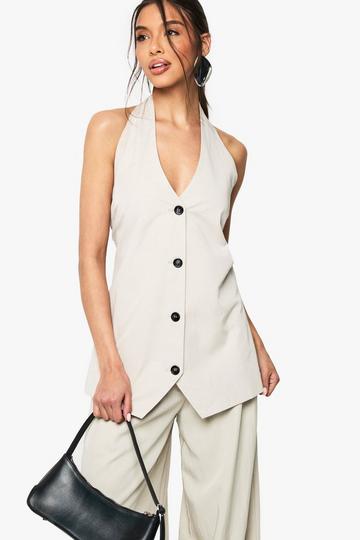 Halter Neck Longline Tailored Waistcoat stone