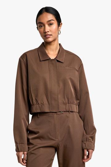 Chocolate Brown Pinstripe Tailored Bomber Jacket