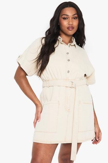 Plus Denim Utility Belt Shift Dress ecru