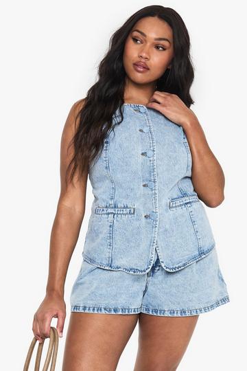 Plus Denim Gilet Met Knopen light blue