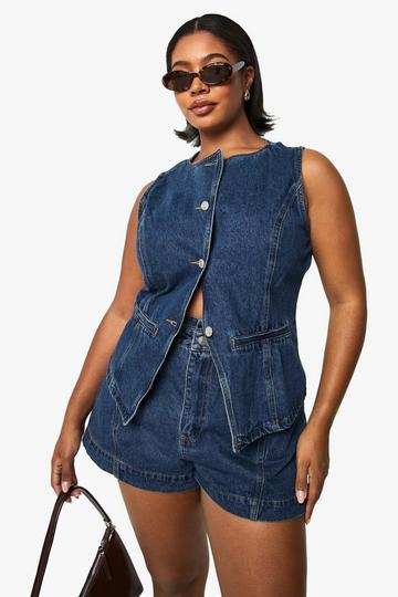 Plus Denim Longline Waistcoat mid blue