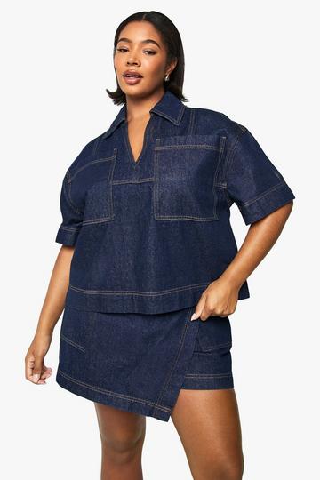 Plus Boxy Spijkerblouse Met Korte Mouwen indigo