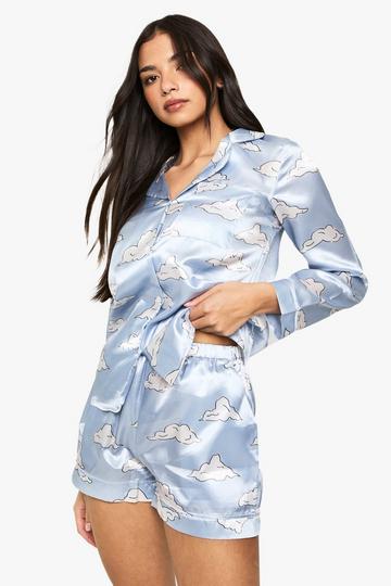 Satijnen Wolkenprint Overhemd En Shorts Set baby blue