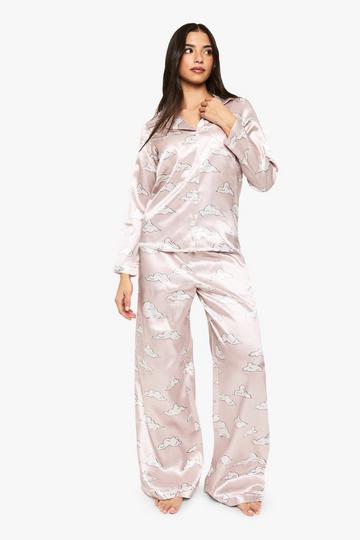 Cloud Print Satin Long Sleeve Shirt & Trousers Pyjama Set beige