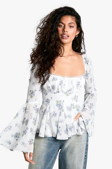 Ditsy Floral Print Corset Bust Flutter Sleeve Blouse blue