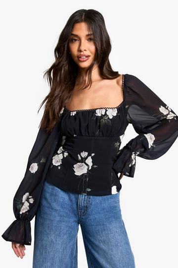 Blurred Floral Print Ruched Corset Bust Woven Blouse black