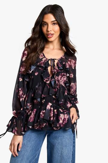 Floral Chiffon Extreme Ruffle Blouse black