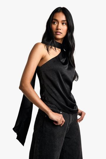 Satin Scarf Neck Tie Asymmetric Top black