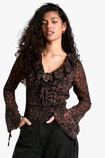 Chiffon Leopard Ruffle Tie Front Blouse brown