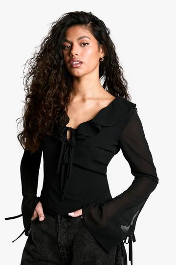 Black Chiffon Ruffle Tie Front Blouse