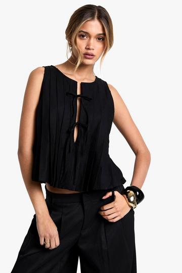 Linen Look Pleated Tie Front Smock Top black