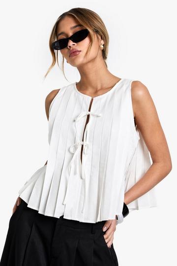 Linen Look Pleated Tie Front Smock Top white