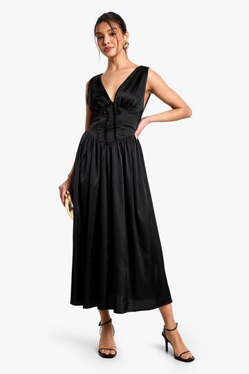 Satin Milkmaid Midaxi Dress black