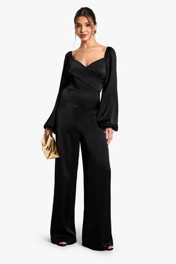 Textured Satin Wrap Jumpsuit black