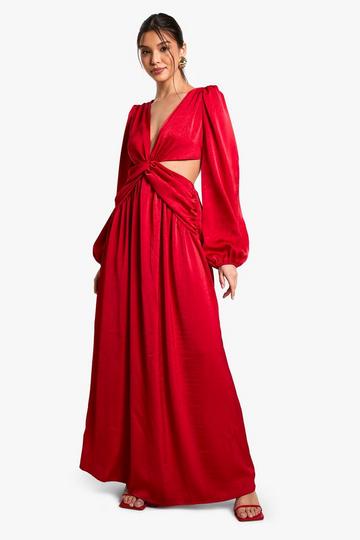 Red Textured Satin Cut Out Plunge Maxi Dress