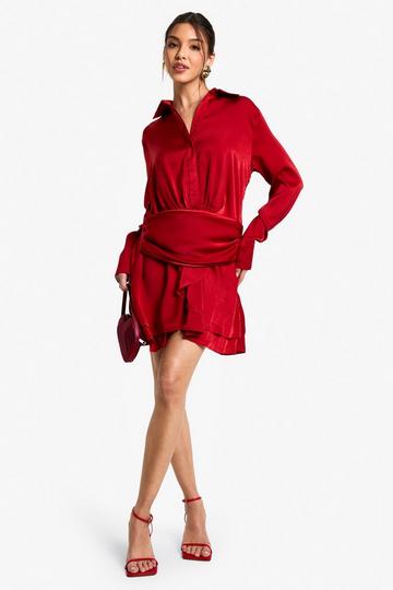 Satin Ruched Shirt Dress red